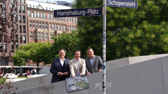 Der Name Hammaburg-Platz soll auf den nicht mehr sichtbaren Ursprung Hamburgs aufmerksam machen.