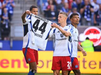 Die HSV-Spieler feiern mit einem Trikot des wegen Dopings gesperrten Kroaten Mario Vuskovic.