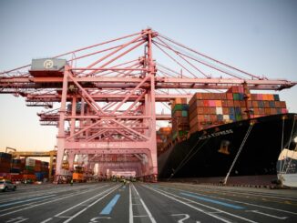 Container werden im Hafen in Busan verladen.