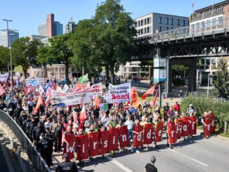 Eine Verdi-Demonstration in Hamburg gegen den HHLA-Umbau.