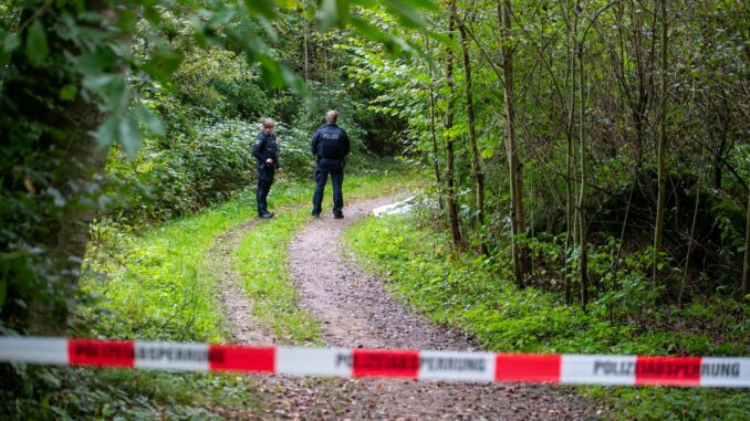 Polizisten stehen auf einem abgesperrten Waldweg.