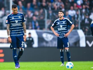 Davie Selke (l) und Daniel Elfadli (M) vom Hamburger SV stehen enttäuscht auf dem Platz.