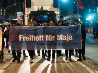 Demonstranten fordern die Freilassung einer non-binären Person, die in Ungarn inhaftiert ist.