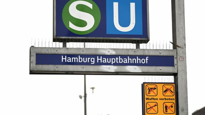 Ein Waffenverbotsschild hängt am Hamburger Hauptbahnhof. 