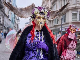 Mit Masken und farbenfrohen Kostümen waren die Darsteller in Hamburg unterwegs.