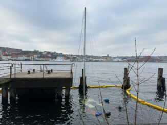 Die gesunkene Segeljacht «Shangri La» wurde heute im Flensburger Hafen mit Hilfe eines Krans geborgen.