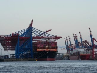 Containerschiffe von Hapag-Lloyd und Maersk liegen im Hamburger Hafen. (Archivbild)