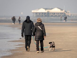 Am Strand von St. Peter-Ording nutzten Spaziergänger am Freitag das schöne Wetter.