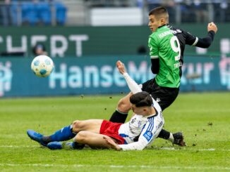 Umkämpftes Nordduell: HSV-Verteidiger Dennis Hadzikadunic (l) und Hannover Hannovers Torschütze Nicolo Tresoldi.